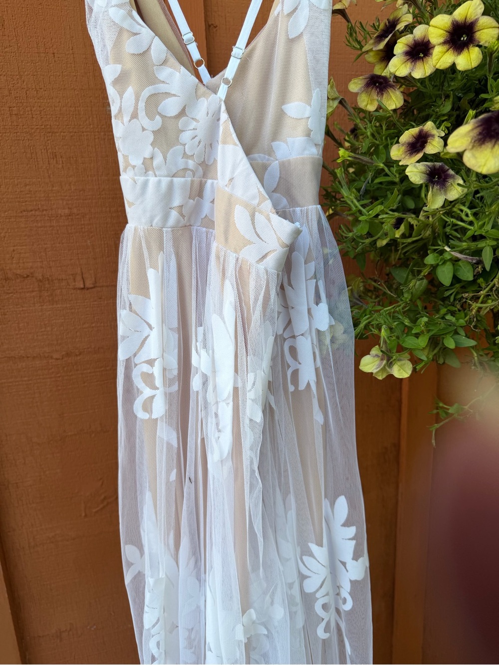 Luxxel Sheer White Floral Lace Maxi with Deep V - Picture 4 of 11